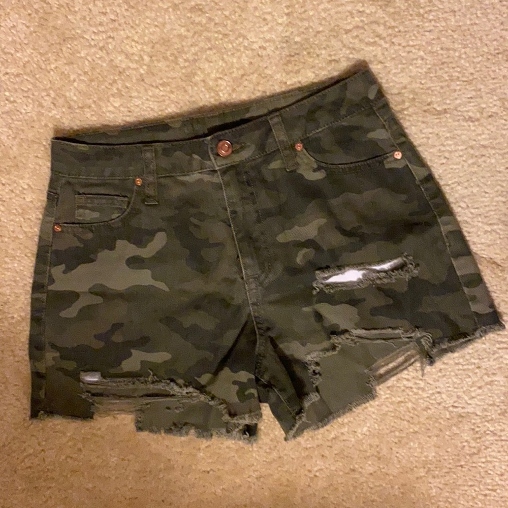Camo High Waist Distressed Jean Shorts